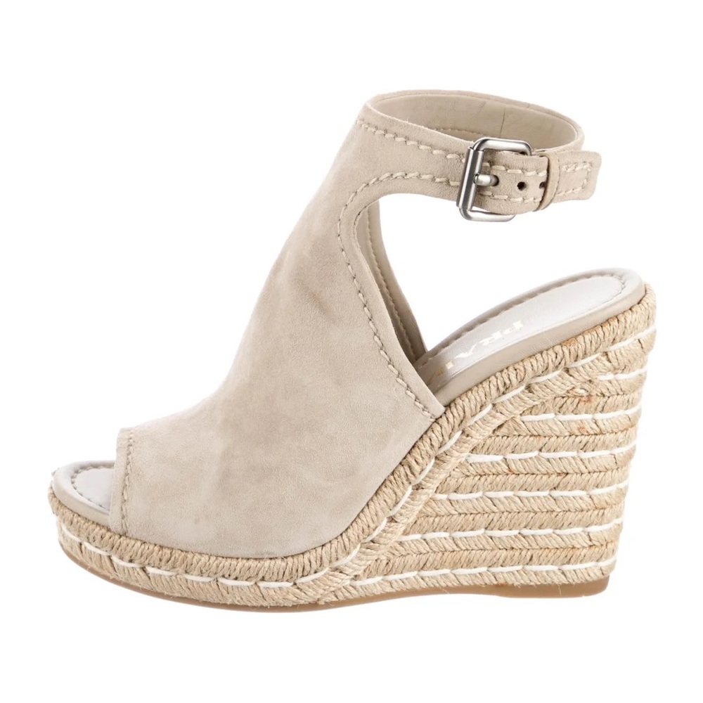 Prada Suede Braided Accents Espadrille Wedge Beige